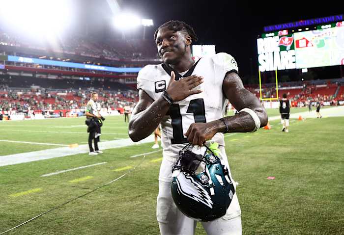 A.J. Brown of the Philadelphia Eagles had to change his cleats during the team's Monday Night Football win over the Tampa Bay Buccaneers.